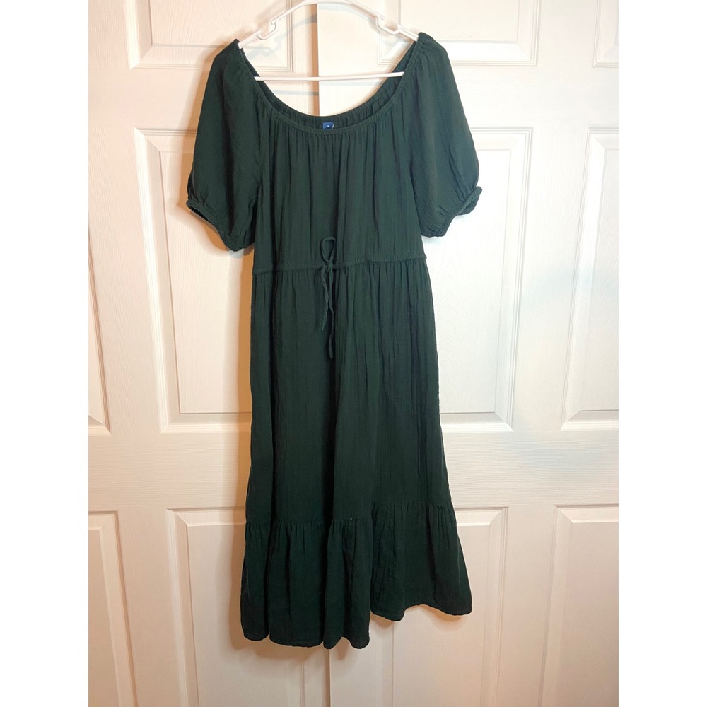 Old Navy Dark Green Gauze Tiered Midi Dress Puff Sleeve Cottagecore Medium